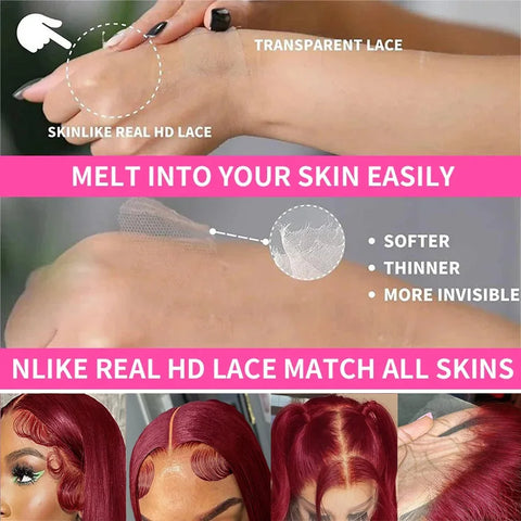 13x6 Glueless Burgundy 99J Lace Front Wig Pre Plucked Brazilian Bleached Red Colored Straight Lace Frontal Wig 100% Human Hair