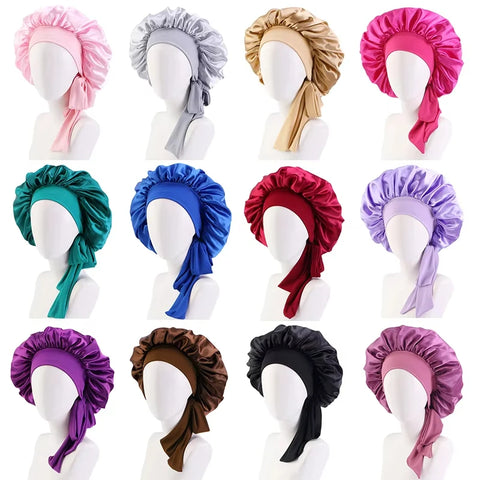 New Women Satin Solid Sleeping Hat Silky Bonnets With Tie Bands Elastic Shower Cap Adjustable Cap For Curly Hair Bonnets