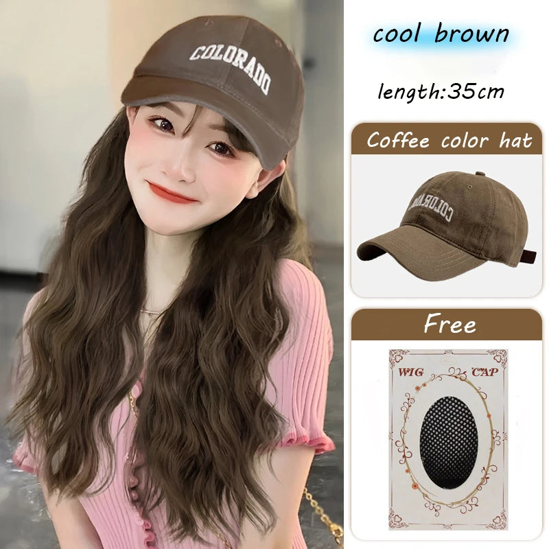 Long Wavy Synthetic Wig Baseball Rice Black Cap With Hair Extensions Hat Wigs Natural Black Connect Wig Adjustable For Women