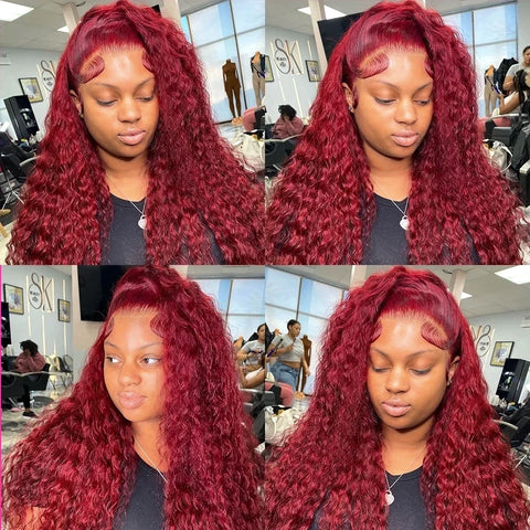 Burgundy Deep Wave 13x6 HD Lace Frontal Human Hair Wig 99J Color Curly Mari Red Lace Front Human Hair Wigs For Women 250 Density