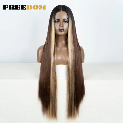 FREEDOM Straight Synthetic Lace Front Wig For Women 38 Inch Long Ombre Brown Red Blonde Hightlight Lace Frontal Wigs Cosplay Wig