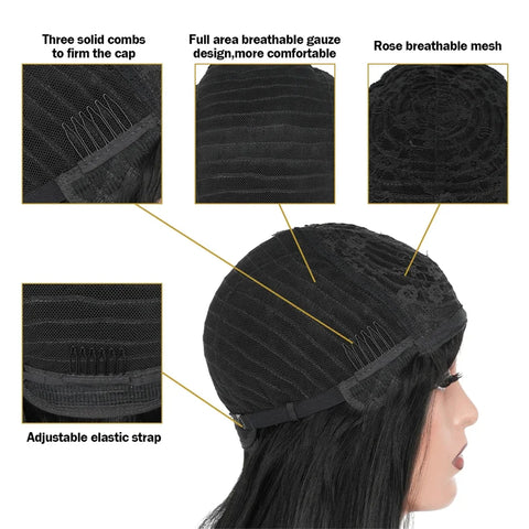 Brazilian Bone Straight Long 100% Human Hair Wigs With Bangs Natural Black Fringe Wig With Bangs For Women cheap wigs on Sale