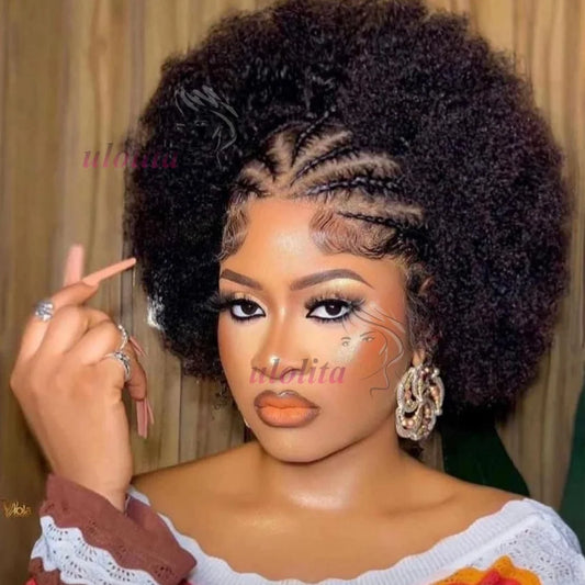 13x4 Lace Frontal Short Afro Kinky Curly Bob Braided Hair Wig 8 Inch Black Human Hair Wigs PrePlucked Bouncy Curly Wig for Women