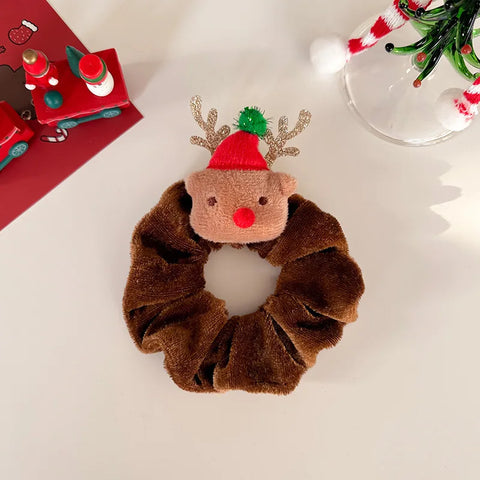 Christmas Hair Scrunchies Girls Soft Velvet Elastic Ponytail Holder Rubber Band Charms Hair Ties Party Elk Santa Claus Headwear
