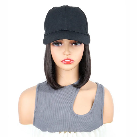 Synthetic Short Straight Bobo Hat Wigs Baseball Cap Adjustable Black Brown Hairpiece for Women