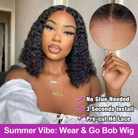 Deep Wave 7x5 13x4 Glueless Human Hair Ready To Wear 250% Pre Cut 13x6 Culry Lace Front Human Hair Wig Short Bob No Glue Wigs ﻿