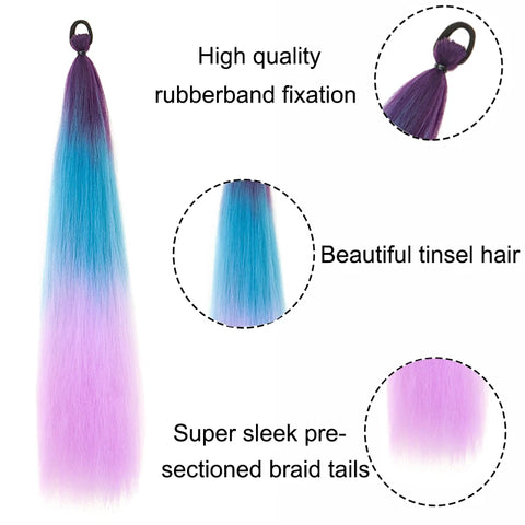26Inch Synthetic Ponytail Extension with Elastic Tie Hair Band Long Yaki Straight Colored Braiding Ponytail Ombre Colors