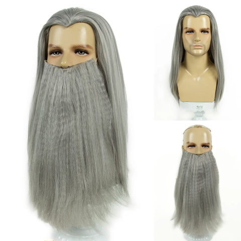 REEWES Grey Wig&Beard Set With moustache Christmas Santa Claus Costum Cosplay synthetic Wig For Halloween Costume XMAS Dress up