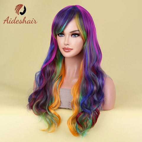 Aideshair Cosplay Wig Christmas Purple Half Pink Synthetic hair Wigs with Bangs for Black White Woman Heat