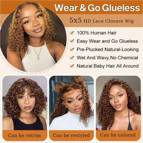 Highlight Ombre Bob Wig Human Hair 100% 5X5 Hd Lace Closure Wig Curly Short Honey Blonde Colored Glueless Deep Wave Frontal Wigs