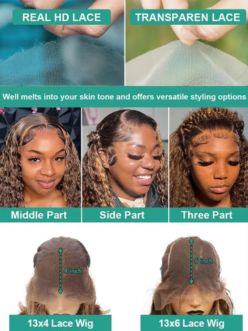 250 Density 30 40 Inch Highlight Ombre Deep Wave HD Lace Front Wig Colored Curly Human Hair Wig 13x6 Lace Frontal Wigs For Women