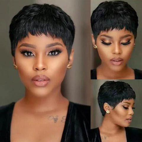 Short Straight Bob Wig Pixie Cut Wig Human Hair For Black Women With Bangs Brazilian Virgin Hair Full Machine  Cheap Wig Black