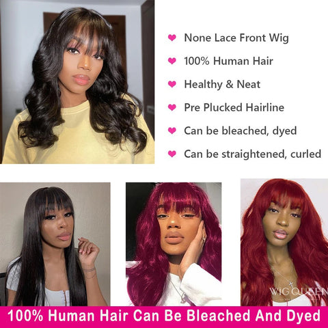 30 inch Body Wave Human Hair Wigs with Bangs Full Machine Made Scalp Top Wig 180% Density Brazilian Remy Hair Fringe Bangs Wig