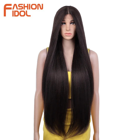 FASHION IDOL Lace Front Wig Synthetic 36 Inches Long Kinky Straight Wig Ombre Pink Cosplay Wigs For Women Party Daily Fake Hair