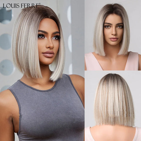 LOUIS FERRE Short Blonde Bob Synthetic Wigs With Dark Root Shoulder Length Blonde Straight Wig Mixed White Hair High Temperature