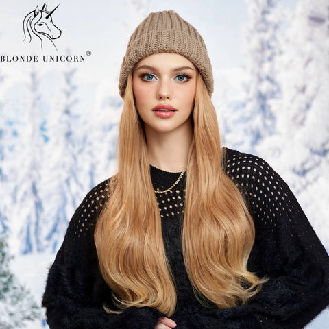 Blonde Unicorn Hat wigs Cap with Hair Hat Wig Blonde Wavey Wig Separable Synthetic Hair Women Daily Party High Temperature