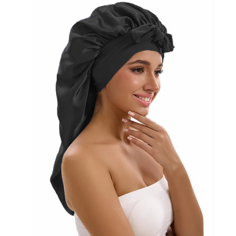 1/2/3pcs Satin Sleep Caps with Ribbon Tie - Black & Pink, Polyester Night Hats for Long Hair, Casual and Stylish Design