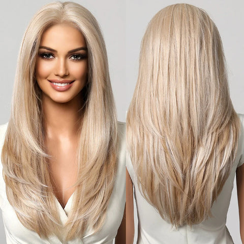 Long Straight Afro 13*6  Transparent Lace Frontal Synthetic Wigs Preplucked Brown Blonde Highlight Mixed Wig for Black Women Wig