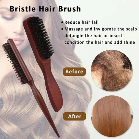 5pcs Boar Bristle Hair Brush Set with Edge Control - Slick Back, Teasing & Smoothing Combs for Men and Women