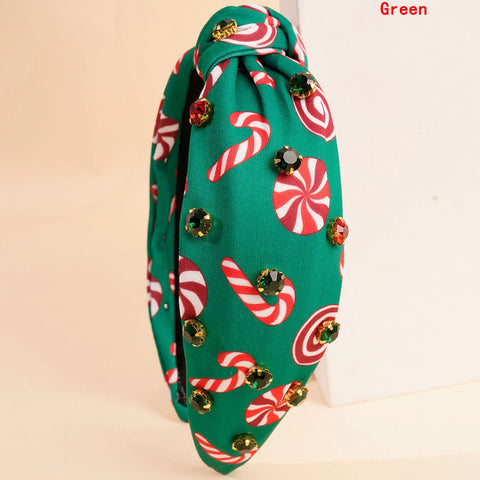 Christmas Magic Wand Red Green Candy Rhinestone Knot Hairband Headband High Apex Hair Accessories Hair Jewerlery