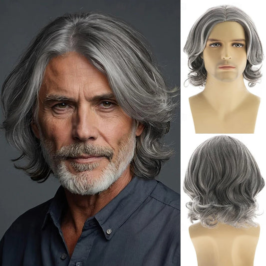 HAIRJOYMens Grey Wig Short Wavy Bob Wig Synthetic Cosplay Party Replacement Hair Wig