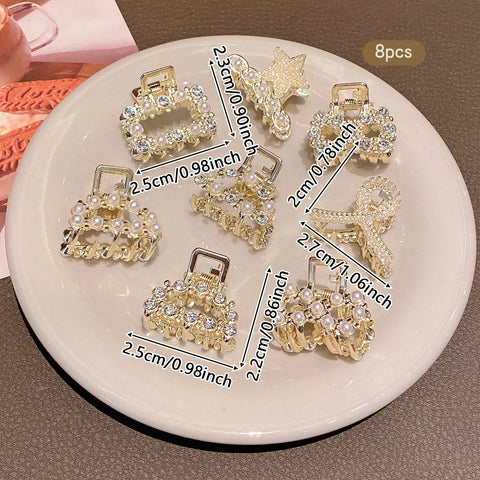 8 alloy rhinestone imitation pearl small hair claws, fashionable and sweet style hair clips suitable for daily use as hair acces