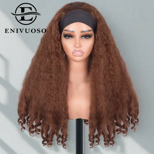 Afro Kinky Straight Headband Wigs For Black Women 22 Inch Natural Black Short Afro Yaki Straight Wigs With Headband Bouncy Curly