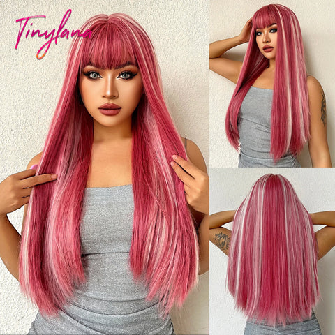 Long Straight Silver Ash Gray Synthetic Wigs Lolita Cosplay Natural Hair with Bangs for White Women Party Daily Heat Resistant