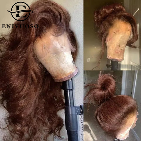 13x4 Chocolate Brown Body Wave Lace Front Wigs For Black Women Heat Resistant Fiber Reddish Brown Colored HD Lace Synthetic Wig