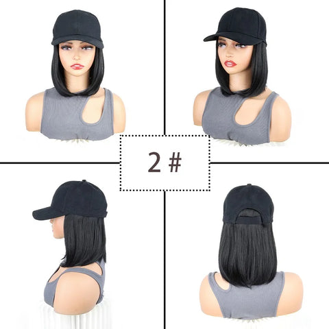 Synthetic Short Straight Bobo Hat Wigs Baseball Cap Adjustable Black Brown Hairpiece for Women