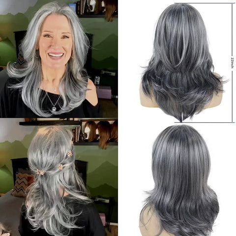 Synthetic Female Wigs Mix Grey Long Layered Wig Natural Silver Gray Wigs Women Salt and Pepper Hair Replacement Carnival Costume