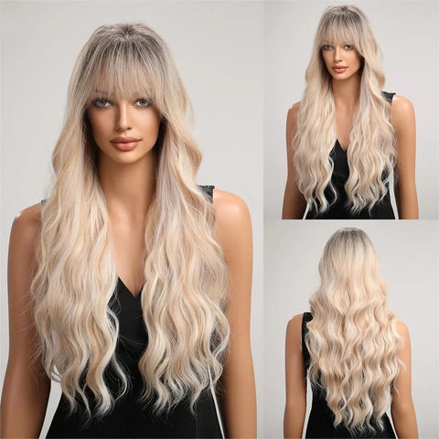 Brown Wavy Wigs for Women with Bangs Long Natural Synthetic Hair Wig Daily Cosplay Heat Resistant