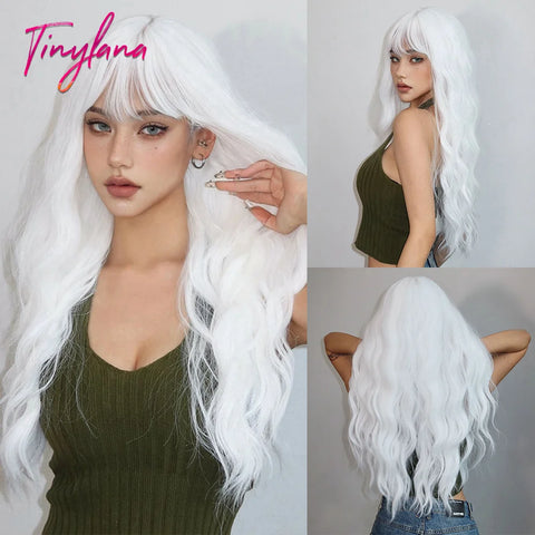 Ash Gray Platinum Long Curly Synthetic Wigs with Bangs for Women Afro Deep Wave Cosplay Lolita Wig Natural Hair Heat Reisitant