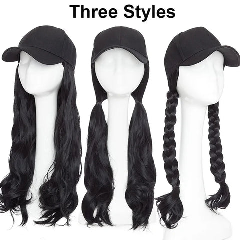 20Inch Synthetic Long Curly Baseball Cap Hat Wigs Heat Resistrant Black Brown Hairpiece for Women