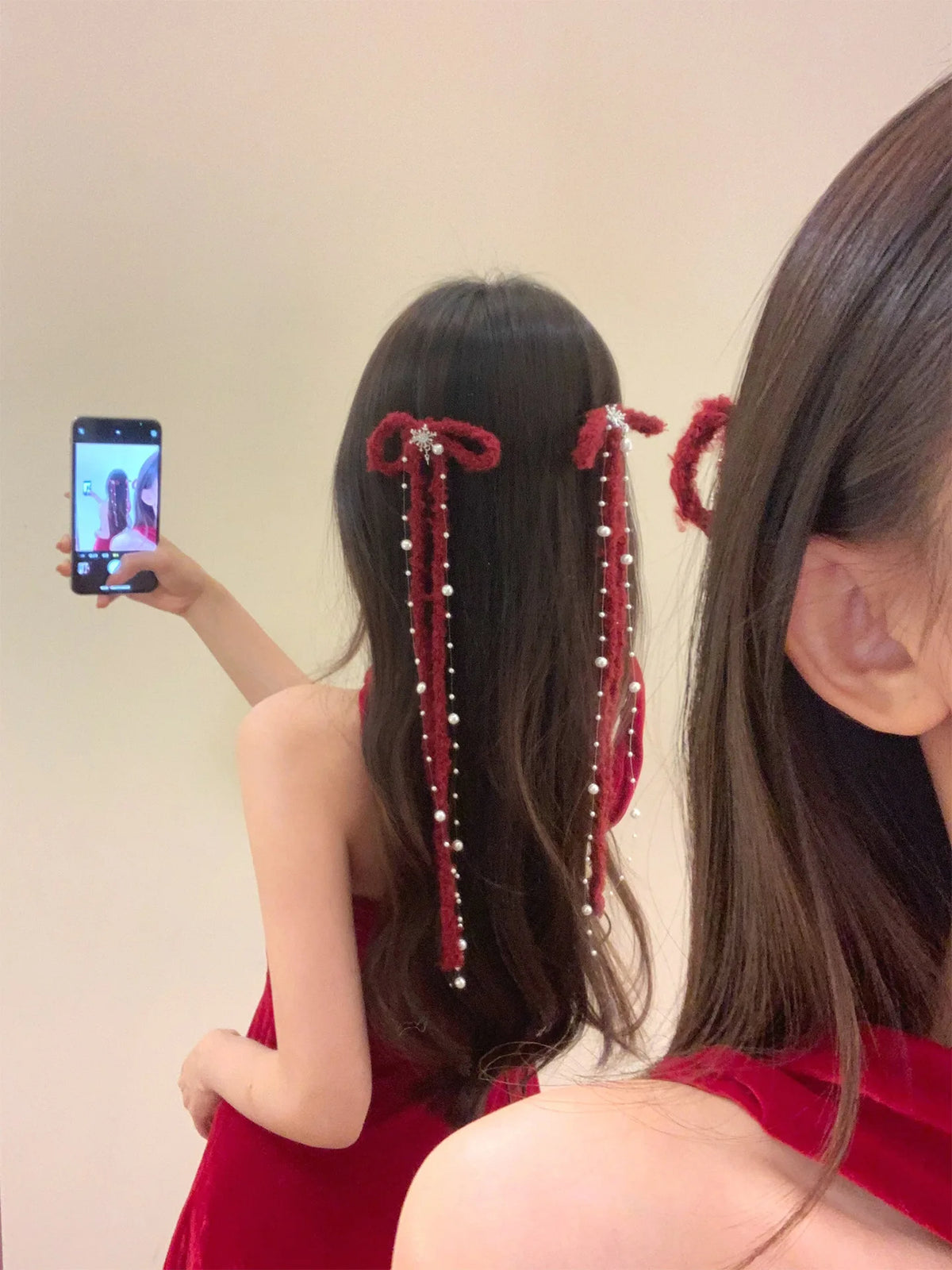 1/2PCS Red Knitted Bow Hair Accessory, Pearl Tassel Snowflake Hair Clip, Winter Christmas Hair Decor, Elegant Long Tassel Hair