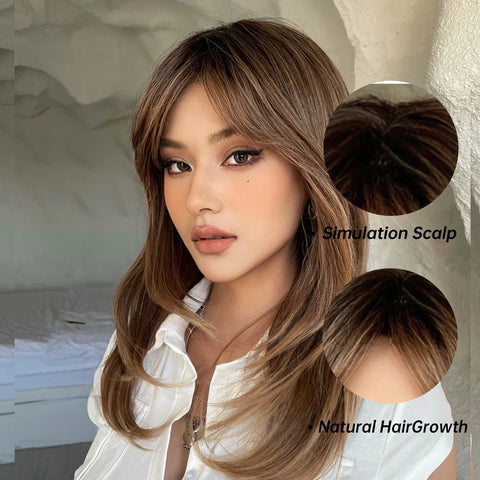 Long Straight Ombre Brown Synthetic Wigs with Bangs Brown Layered Wig Cosplay for Women Afro Daily Natural Hair Heat Resistant