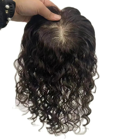 15x17CM Real Breathable Silk Base Topper Human Hair Curly Hand Tied Silk Top Toupee Virgin Hair Piece with Clips in for Women