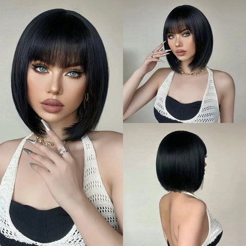 Short Bob Burgundy Straight Synthetic Wig with Bangs Wine Red Fake Hair for Cosplay Women Party Daily Use Heat Resistant Wigs