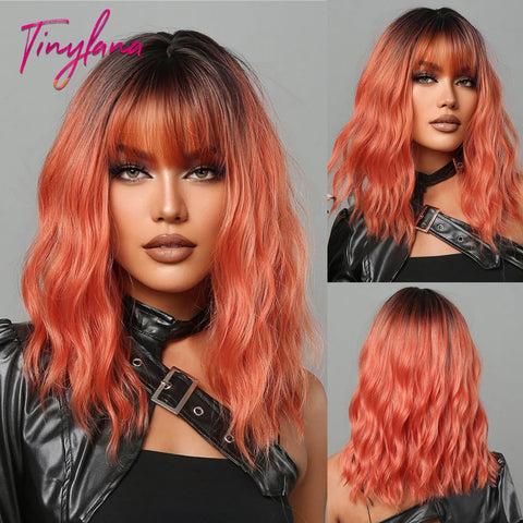 Light Pink Short Wavy Synthetic Hair Wigs with Bangs Cosplay Natural Shoulder Length Bob Wig For Women Afro Heat Resistant Fiber