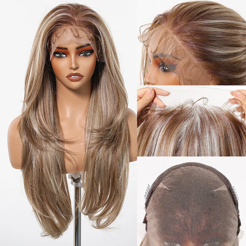 Long Straight Afro 13*6  Transparent Lace Frontal Synthetic Wigs Preplucked Brown Blonde Highlight Mixed Wig for Black Women Wig