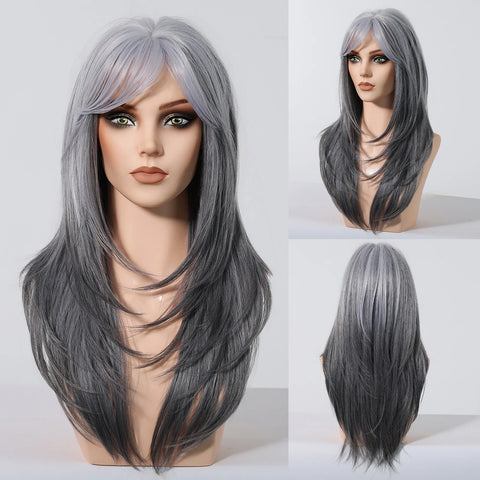 HENRY MARGU Grey Layered Synthetic Natural Wig Medium Length Straight Wig with Bangs for Women Daily Party Wigs Heat Resistant