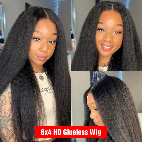 Yaki Kinky Straight Glueless Wigs Human Hair Ready To Wear Preplucked 4C Edges 13x6 HD Lace Frontal Wig Human Hair For Women 200