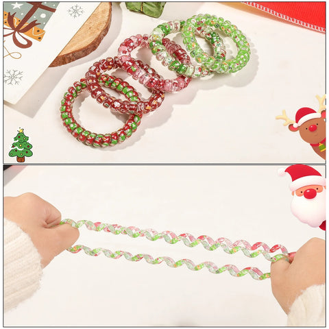 5PCS Christmas Telephone Cord Hair Ties-Cute Santa Snowflake Printed, Elastic Spiral Hair Bands For Women, Festive Holiday