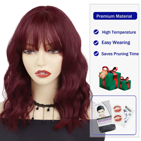 Synthetic Auburn Wig with Bangs for Women Girls Cosplay Halloween Party Lolita Use Short Wavy Curly Wigs Heat Resistant Fiber