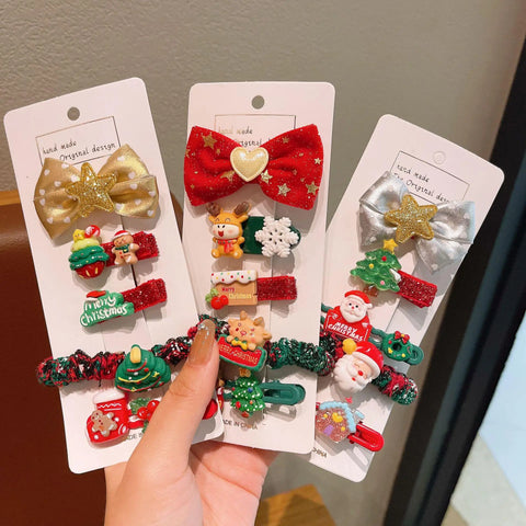 5/10 Pcs Children's Christmas Hair Accessories Set Heart Santa Claus Hair Clips & Gold Hair Bands Cute Buckles Tweezers For Girl