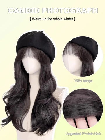 synthetic 16 inch black beret big wave long curly wig water wave baseball cap duck tongue hat fisherman hat Hat Wig Christmas