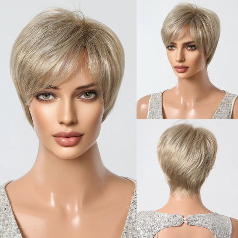 Pixie Cut Wigs for Women Natural Synthetic Short Black Layered Hair Wig with Fluffy Bangs Afro Daily Heat Resistant