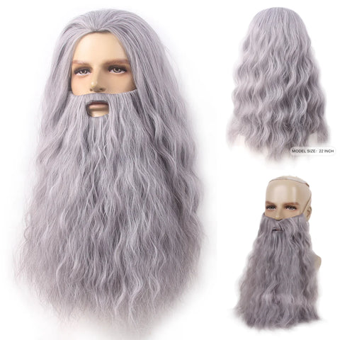 REEWES Grey Wig&Beard Set With moustache Christmas Santa Claus Costum Cosplay synthetic Wig For Halloween Costume XMAS Dress up