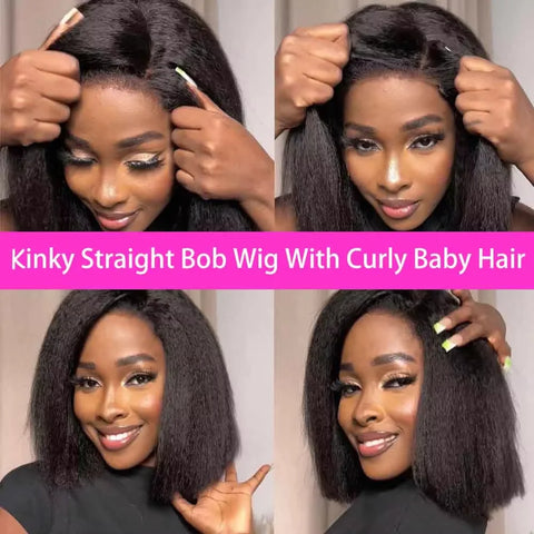 Kinky Straight 250% Density Short Bob 13x4 HD Lace Front Human Hair Wigs Women Peruvian Glueless Lace Frontal Wigs Coarse Yaki