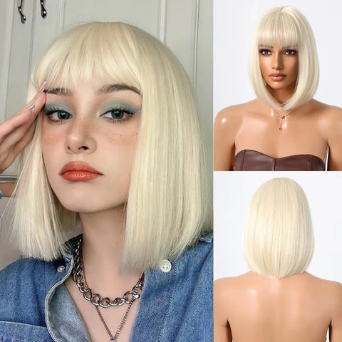 Short Bob Burgundy Straight Synthetic Wig with Bangs Wine Red Fake Hair for Cosplay Women Party Daily Use Heat Resistant Wigs